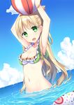  :o amemiya_ruki armpits arms_up ball beachball bikini bikini_top blonde_hair blue_sky breasts cloud collarbone commentary_request day dutch_angle green_eyes highres long_hair looking_at_viewer medium_breasts navel ocean original partially_submerged sky solo stomach swimsuit water water_drop 