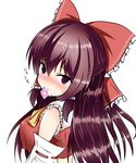  ascot bangs blush bow breasts brown_hair commentary condom condom_in_mouth condom_wrapper crop_top detached_sleeves hair_bow hair_tubes hakurei_reimu highres isshin_(sasayamakids) long_hair looking_at_viewer medium_breasts mouth_hold red_bow ribbon-trimmed_sleeves ribbon_trim shiny shiny_hair simple_background solo sweatdrop tears touhou white_background 