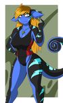  anthro big_breasts blonde_hair blue_eyes breasts cainesart chameleon clothed clothing ear_piercing female hair lizard looking_at_viewer one-piece_swimsuit piercing quesi reptile scalie simple_background smile solo stripes swimsuit voluptuous wide_hips 