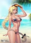  absurdres arm_at_side artist_name bangs bare_arms bare_legs bare_shoulders beach bikini black_bikini black_bow blonde_hair blue_sky bow bra braid breasts character_name choney cleavage cloud cloudy_sky collarbone commentary contrapposto copyright_name covered_nipples cowboy_shot day eyepatch_bikini fate/apocrypha fate/grand_order fate_(series) fingernails groin hair_bow hand_on_headwear hand_up highres jeanne_d'arc_(fate) jeanne_d'arc_(fate)_(all) leaf lipstick long_fingernails long_hair looking_at_viewer makeup mascara mask mask_on_head medium_breasts micro_bikini midriff navel nose ocean outdoors palm_tree parted_lips pink_lips pink_lipstick purple_eyes sand single_braid sky smile solo standing stomach strap_gap strapless strapless_bra string_bikini swimsuit teeth tree underboob underwear very_long_hair water welding_mask 