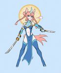  2017 5_fingers anthro blue_background blue_eyes braided_hair breath clothed clothing digital_media_(artwork) equine female front_view hair hi_res horn katana loincloth looking_at_viewer mammal melee_weapon navel nox_(artist) pink_hair simple_background smile solo standing sword unicorn weapon 