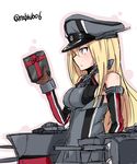  bare_shoulders bismarck_(kantai_collection) blonde_hair blue_eyes blush box brown_gloves detached_sleeves gift gift_box gloves hat highres holding holding_gift kantai_collection long_hair machinery maruya1006 military military_uniform peaked_cap solo turret twitter_username uniform 