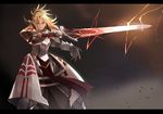  armor bangs blonde_hair brown_eyes clarent copyright_name fate/apocrypha fate/grand_order fate_(series) faulds green_eyes grin holding holding_sword holding_weapon letterboxed long_hair looking_at_viewer mono_(jdaj) mordred_(fate) mordred_(fate)_(all) parted_lips pauldrons ponytail sidelocks smile solo standing sword tsurime weapon 