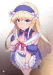 androgynous apron bangs blonde_hair blue_eyes blurry blush chevalier_d'eon_(fate/grand_order) commentary_request depth_of_field detached_sleeves dress eyebrows_visible_through_hair fate/grand_order fate_(series) frilled_dress frilled_sleeves frills hairband highres long_hair looking_at_viewer maid_apron mku open_mouth pink_ribbon puffy_short_sleeves puffy_sleeves purple_dress purple_hairband ribbon see-through short_sleeves sidelocks solo standing tears very_long_hair wrist_cuffs 