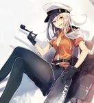  belt brown_eyes cruel_gz gangut_(kantai_collection) gloves hat jacket kantai_collection long_hair machinery miniskirt pantyhose peaked_cap pipe pleated_skirt remodel_(kantai_collection) scar silver_hair skirt smile solo uniform 