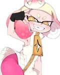  1girl :d arm_up armpits bangs bare_shoulders blunt_bangs blush crown domino_mask fingerless_gloves g_perarikku gloves hime_(splatoon) looking_at_viewer mask mole mole_under_mouth multicolored_hair open_mouth pantyhose pink_hair pink_legwear short_eyebrows simple_background sleeveless smile solo splatoon_(series) splatoon_2 teeth two-tone_hair white_background white_hair yellow_eyes zipper 
