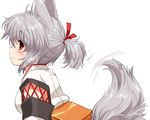  alternate_hairstyle animal_ears bangs blush breasts commentary_request detached_sleeves from_side hair_ribbon inubashiri_momiji japanese_clothes kei_kei looking_at_viewer looking_to_the_side medium_breasts ponytail profile red_eyes red_ribbon ribbon short_hair short_ponytail silver_hair smile solo tail tail_wagging touhou upper_body wolf_ears wolf_tail 