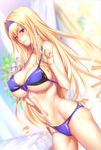  absurdres bed bed_sheet bikini bikini_pull blonde_hair blue_bikini blue_eyes blue_hairband blush breasts cecilia_alcott cleavage drill_hair hairband highres infinite_stratos large_breasts long_hair navel pinky_out pulled_by_self smile solo strap_gap swimsuit window zucchini 