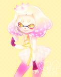  2017 beauty_mark cephalopod clothing crown dress english_text female fingerless_gloves gloves humanoid inkling marine mask mizoreame00 nintendo not_furry pearl_(splatoon) smile solo splatoon squid tentacle_hair tentacles text video_games yellow_eyes 