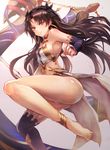 anklet armlet ass asymmetrical_legwear asymmetrical_sleeves bare_shoulders black_hair breasts bridal_gauntlets chain commentary_request earrings elbow_gloves fate/grand_order fate_(series) gloves hair_ribbon heavenly_boat_maanna highres hoop_earrings ishtar_(fate/grand_order) jewelry long_hair long_legs looking_at_viewer navel omoti_(1201208) pelvic_curtain red_eyes ribbon sideboob single_elbow_glove single_thighhigh small_breasts smile solo thighhighs two_side_up weapon 