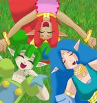  3girls blue_hair bodysuit bracelet dark_skin din eyes_closed farore friends green_hair jewelry long_hair lots_of_jewelry lying multiple_girls nature nayru open_mouth pointy_ears ponytail red_hair short_hair the_legend_of_zelda twintails 