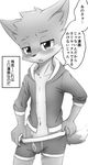  anthro blush boxers_(clothing) bulge canine clothed clothing cub fox hi_res japanese_text male mammal manadezimon monochrome navel open_shirt simple_background solo standing text translation_request underwear undressing white_background young 