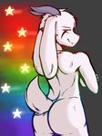  2017 anthro asriel_dreemurr boss_monster butt caprine crackers crossed_arms digital_media_(artwork) fur goat god_of_hyperdeath hi_res horn looking_at_viewer looking_back male mammal nude portrait pose rainbow raised_tail rear_view red_eyes smile solo star three-quarter_portrait undertale video_games white_fur 