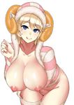  :p areolae blonde_hair blue_eyes blush breast_hold breasts commentary_request cowboy_shot highres hood hoodie horns huge_breasts looking_at_viewer naked_hoodie new_year nipples original pointy_ears sheep_horns short_hair smile solo striped striped_legwear thighhighs tongue tongue_out zonda_(solid_air) 