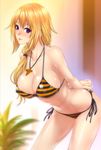  absurdres arms_behind_back bikini blonde_hair blush breasts charlotte_dunois cleavage highres infinite_stratos jewelry large_breasts leaning_forward lips long_hair looking_at_viewer navel necklace parted_lips purple_eyes side-tie_bikini smile solo striped striped_bikini swimsuit zucchini 