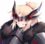  armor black_fur blonde_hair dark_persona face fate/apocrypha fate_(series) grin horns long_hair mask mordred_(fate) mordred_(fate)_(all) ponytail simple_background smile smug solo teeth white_background yorukun 