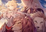  absurdres armor black_fur blonde_hair chinese_commentary cloud commentary_request dual_persona fate/apocrypha fate_(series) full_armor green_eyes highres holding holding_sword holding_weapon lion looking_at_viewer looking_back mordred_(fate) mordred_(fate)_(all) multiple_girls sky smile sword weapon yellow_eyes yorukun 