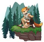  5_fingers anthro blonde_hair clothed clothing crouching digitigrade feline grass hair kaitycuddle male mammal solo tree tribal 