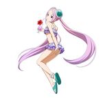  ankle_cuffs arm_behind_back bikini feet floating_hair flower frilled_bikini frills full_body hair_ornament hibiscus holding legs long_hair looking_back official_art parted_lips pink_hair purple_bikini purple_eyes red_flower simple_background solo swimsuit sword_art_online sword_art_online:_code_register twintails very_long_hair white_background yuna_(sao) 