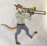  anthro artemis_lamphuth_(character) barefoot belt biped bulge claws clothed clothing dragonborn dress_shirt dungeons_&amp;_dragons eyes_closed full-length_portrait hi_res horn male matydraws_(artist) musical_instrument pants portrait scales scalie shirt simple_background smile solo standing toes trombone 