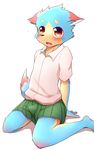  blue_fur blush bulge canine clothed clothing crossdressing cub dog erection fur looking_at-viewer male mammal manadezimon open_mouth red_eyes red_fur shirt simple_background skirt solo t-shirt tan_fur teenager young 