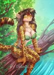  5_fingers anthro black_hair breasts chest_tuft day detailed_background feline female fur hair imanika jaguar mammal outside sitting smile solo spots spotted_fur tuft yellow_eyes 