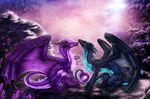  ambiguous_gender blue_eyes claws detailed_background dragon duo eyes_closed feral fur furred_dragon hair horn membranous_wings purple_hair ridged_horn selianth sitting wings 