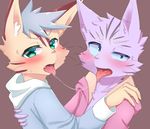  blue_eyes blue_sclera blush brown_fur cat clothing feline fur green_eyes hoodie looking_at_viewer male male/male mammal manadezimon pink_nose purple_fur saliva saliva_string teenager tongue tongue_out whiskers young 