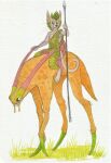 absurd_res alien ambiguous_feral ambiguous_gender anthro big_ears clothed clothing duo felid feral glistening glistening_eyes grass green_clothing green_hair grey_body hair hi_res holding_melee_weapon holding_object holding_polearm holding_spear holding_weapon hufnaar male male_anthro mammal markings melee_weapon orange_markings orange_spots plant polearm red_nose riding short_hair simple_background sitting slim_anthro slim_male spear species_request spots spotted_back spotted_legs spotted_neck traditional_media_(artwork) weapon white_background yellow_body yellow_eyes
