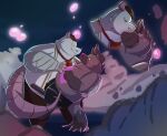 2026 absurd_res accessory american_opossum anthro bandage belly big_belly biped bottomwear breeze_in_the_clouds camo_(breeze_in_the_clouds) chubbymeel clothing duo fur hat headgear headwear hi_res humanoid_hands hyena kissing male male/male mammal marsupial necktie overweight overweight_male pants sodo_(breeze_in_the_clouds) standing suspenders white_body white_fur