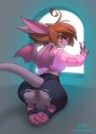 2022 absurd_res anthro back_wings backsack balls bat bat_wings biped black_bottomwear black_clothing black_pants bonk bottomwear butt claws clothed clothing crop_top crop_top_hoodie eyebrows feet femboy flaccid genitals gesture glans grin hair hand_gesture hi_res hoodie humanoid_genitalia humanoid_penis kneeling looking_at_viewer looking_back looking_back_at_viewer male mammal membrane_(anatomy) membranous_wings pants partially_clothed penis pink_body rear_view red_hair shirt small_wings smile soles solo teeth text tight_bottomwear tight_clothing tight_pants toe_claws topwear torn_bottomwear torn_clothing torn_pants url v_sign wings