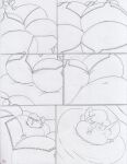 2024 anthro belly belly_squish big_belly big_breasts blush bra breast_squish breasts breasts_frottage canid canine canis clothing comic coyote deep_navel duo female fur hair hi_res huge_belly huge_breasts june_coyote macro mammal morbidly_obese morbidly_obese_anthro navel obese obese_anthro open_mouth overweight overweight_anthro procyonid raccoon sketch squish topwear traditional_media_(artwork) underwear virus-20
