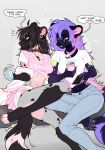 anthro bell bell_collar beverage_can black_body black_collar black_fur black_hair black_nose blue_bottomwear blue_clothing blue_jeans blue_pants bottomwear can canid canine canis cellphone clothing collar container crop_top denim denim_bottomwear denim_clothing duo ear_piercing ear_ring electronics english_description english_text female fox fur gold_(metal) gold_ear_piercing gold_ear_ring gold_industrial_piercing gold_nose_piercing gold_nose_ring green_body green_fur grey_body grey_eyes grey_fur hair hi_res holding_can holding_cellphone holding_container holding_object holding_phone holding_smartphone hyena industrial_piercing jeans leg_markings lgag006k043_(artist) long_hair mammal markings misha_(lgag006k043) monster_energy navel navel_piercing navel_ring nicole_(lgag006k043) pants phone piercing pink_body pink_bottomwear pink_clothing pink_collar pink_crop_top pink_fur pink_inner_ear pink_shirt pink_skirt pink_topwear purple_eyes purple_hair ring_piercing russian_text shirt sitting skirt smartphone socks_(marking) speech_bubble spiked_collar spikes t-shirt talking_to_another text text_on_t-shirt topwear trans_(lore) trans_woman_(lore) translation_request wearing_collar white_clothing white_shirt white_t-shirt white_topwear wolf