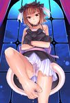  amami_haruka barefoot blush brown_hair choker crossed_arms cute_&amp;_girly_(idolmaster) dark_haruka feet gloves gothic_princess_(idolmaster) hidebou highres idolmaster idolmaster_(classic) idolmaster_1 panties parted_lips pubic_hair pussy pussy_juice red_eyes ribbon see-through short_hair skirt solo tail toes underwear upskirt wet wet_clothes wet_panties white_panties window 