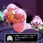1:1 2_horns 3_toes angry anthro bodily_fluids bovid boxing_gloves caprine chef_hat clothing cross-popping_vein darkner deltarune dialogue duo elemental_creature english_text extreme_size_difference eyewear feet female floating_hands flora_fauna flower flower_creature foot_crush foot_fetish foot_focus foot_on_table fur furniture glasses goat green_(deltarune) green_body green_clothing green_robe hand_on_foot handwear hat headgear headwear hi_res horn humanoid kerchief male male/female mammal mouse murid murine orange_(deltarune) orange_body orange_fur pawpads pink_horn pink_pawpads pink_scarf plant raised_foot ralsei robe rodent scarf size_difference smelly smelly_feet stuck_to_foot sweat sweaty_feet table talking_to_another text text_box toes twistedfurby undertale_(series) white_body white_fur