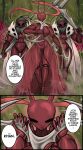 2026 2_panel_comic 5_fingers absurd_res ant anthro arthropod big_breasts biped black_eyes black_text bodyguard breasts clothing comic curvy_figure dialogue dress ellipsis empty_eyes english_text eyelashes eyes_closed female fingers group hi_res holding_melee_weapon holding_object holding_weapon hollow_knight:_silksong hollow_knight_(franchise) hourglass_figure hymenopteran iiimp insect last_claw male melee_weapon nipple_outline skarr skarrsinger_karmelita speech_bubble talking_to_another team_cherry text trio walking weapon
