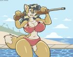 2019 anthro artist_name beach big_breasts bikini bikini_bottom bikini_top black_hair breasts brown_eyes canid canine canis clothing cloud coyote digital_media_(artwork) female fur gun hair june_coyote mammal multicolored_body multicolored_fur navel palm_tree plant ranged_weapon rifle sand seaside sky sniper_rifle solo swimming_pool swimwear tan_body tan_fur teeth text thick_thighs tree two-piece_swimsuit two_tone_body two_tone_fur virus-20 water weapon wide_hips
