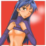  breasts chihaya_kisaragi embarrassed idolmaster kisaragi_chihaya shirt_lift sweatdrop sweater turtleneck 