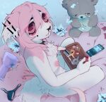 anthro bambi_(film) black_collar black_eyebrows black_nose blood bodily_fluids breasts clitoris clothing collar digital_media_(artwork) dinosaur disney drugs ear_piercing electronics eyebrows facial_piercing felid feline female female_peeing fur genital_fluids genitals hair hi_res hybrid mammal marijuana_pipe markings mole_(marking) multicolored_body multicolored_fur nipples nose_piercing nose_ring nosebleed nude panties peeing phone piercing pink_body pink_clitoris pink_fur pink_hair pink_nipples plushie prehistoric_species red_eyes reptile ring_piercing scalie simple_background small_breasts solo spiked_collar spikes tail tama_(tametama) tametama tears teddy_bear tissue two_tone_body two_tone_fur underwear white_body white_fur