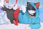 2025 4_toes 5_fingers animal_genitalia animal_penis anthro artist_logo artist_name balls bed bedding bedroom black_collar blue_clothing blue_eyes blue_hoodie blue_legwear blue_thigh_highs blue_topwear blush bottomwear cat_smile cheek_tuft chest_tuft closed_smile clothed clothing collar collar_tag countershading crossdressing dipstick_tail domestic_cat english_text erection eyelashes facial_tuft feet felid feline feline_genitalia feline_penis felis femboy fingers frost_(vortiger) fur furaffinity furniture genitals grey_body grey_fur grey_hair hair hi_res hoodie inside legwear logo looking_at_viewer lying male mammal markings mikosi miniskirt mouth_closed multicolored_body multicolored_fur multicolored_hair on_side pattern_clothing pattern_legwear pattern_thigh_highs pawpads paws penile_spines penis pillow pink_nose red_inner_ear red_miniskirt red_penis skirt smile solo striped_clothing striped_legwear striped_thigh_highs stripes tail tail_markings text thigh_highs toes topwear tuft url white_body white_fur