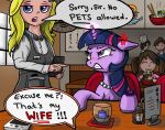 2022 angry blonde_hair blue_eyes blush bow_tie celsian chef_hat clothing colored_nails cross-popping_vein detailed_background dialogue eating english_text equid equine excuse_me_that's_my_wife eyelashes female feral food friendship_is_magic furniture gem hair hasbro hat headgear headwear hi_res hooves horn human inside jewelry mammal meme_origin my_little_pony mythological_creature mythological_equine mythology nails necklace noodles pearl_(gem) pearl_necklace public pupils purple_body purple_eyes ramen restaurant speech_bubble table text twilight_sparkle_(mlp) unicorn waiter wife
