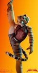 3d_(artwork) absurd_res anthro blender_(artwork) bottomwear breasts clothing detailed detailed_fur digital_media_(artwork) dreamworks felid female fishnet_clothing fur hi_res kung_fu_panda mammal master_tigress muscular muscular_female on_one_leg one_leg_up pantherine raised_leg shorts signature simple_background small_breasts solo standing stretching tail thick_thighs tiger topwear vermilionrenderworks