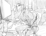  1girl :d artist_request bottle computer eri_mizutani flat_chest haruka_amami highres idolmaster indoors keyboard monochrome open_mouth peeing pepsi poopsock screen short_hair sitting sketch smile soda solo translation_request xbox_360 