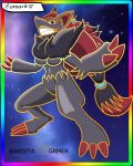 4:5 absurd_res alternate_version_at_source anthro baristagamerproductions border breasts female generation_5_pokemon gold_(metal) hair hi_res light lighting multicolored_border nebula nintendo overlay_layer pokemon pokemon_(species) pose rainbow_border shaded sky smile smiling_at_viewer solo thick_lineart under_boob zoroark