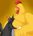 anthro avian bird black_body black_fur blush chicken clothing domestic_cat duo ernie_the_giant_chicken eyes_closed family_guy feathers felid feline felis fur galliform gloves grey_body grey_fur half-closed_eyes handwear head_buried head_in_chest heart_symbol hi_res hug love male mammal morbidly_obese narrowed_eyes obese overweight phasianid pt80s0up scratchy_(the_simpsons) simple_background the_simpsons white_clothing white_gloves white_handwear yellow_background yellow_body yellow_feathers