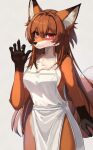 anthro apron apron_only breasts brown_body brown_fur brown_hair canid canine chest_tuft closed_smile clothed clothing countershading dipstick_ears dipstick_tail dress ear_markings female fox front_view fully_clothed fur gloves_(marking) hair hi_res inner_ear_fluff kemo_yuki long_hair looking_at_viewer mammal markings medium_breasts mouth_closed multicolored_ears portrait red_eyes side_boob side_slit side_slit_dress simple_background sleeveless_dress slit_dress smile solo standing tail tail_markings three-quarter_portrait tuft white_background white_clothing white_dress