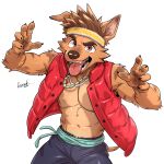 1:1 2026 5_fingers accessory anthro artist_name athletic athletic_anthro athletic_male beard biped black_claws blue_bottomwear blue_clothing blue_pants bottomwear brown_body brown_eyebrows brown_eyes brown_fur brown_hair brown_inner_ear_fluff brown_nose brown_stripes brown_tail canid canine cheek_tuft claws clothed clothed_anthro clothed_male clothing digital_drawing_(artwork) digital_media_(artwork) dreamworks english_text eyebrows facial_hair facial_tuft fangs finger_claws fingers forgotten_island fur glistening glistening_eyes hair headband hi_res inner_ear_fluff jacket jewelry kumak71395 looking_at_viewer male male_anthro mammal markings necklace open_clothing open_jacket open_mouth open_topwear pants raww_(forgotten_island) red_clothing red_jacket red_topwear simple_background solo striped_body striped_fur striped_markings striped_tail stripes tail tail_markings teeth text text_on_body tongue tongue_out topwear tuft werecanid werecanine werecreature weredog white_background