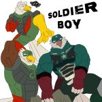 1:1 accipitrid accipitriform anthro armor armpit_hair avian avian_feet barazoku beak beard bird black_noir_(the_boys) blue_eyes blush bodily_fluids body_hair bovid bulge butt caprine clothing duo eagle eyewear facial_hair glasses gloves green_clothing green_suit hallucination handwear headgear helmet hi_res male male/male mammal military_uniform muscular muscular_anthro muscular_male red_clothing red_gloves red_handwear sheep soldier_boy_(the_boys) suit sweat the_boys_(series) theastoundingarc thick_thighs uniform
