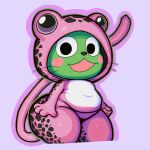 4_fingers ambiguous_gender anthro belly black_eyes brown_nose butt cheek_spots clothing domestic_cat dulone exceed fairy_tail felid feline felis fingers front_view frosch_(fairy_tail) fur green_body green_fur hi_res long_tail looking_at_viewer mammal onesie open_mouth overweight overweight_anthro pink_body pink_onesie shortstack simple_background smile solo tail thick_thighs whiskers white_belly wide_hips