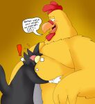 anthro avian bird black_body black_fur blush chicken clothing dialogue domestic_cat duo english_text ernie_the_giant_chicken exclamation_point family_guy feathers felid feline felis fur galliform gloves grey_body grey_fur half-closed_eyes handwear head_buried head_in_chest hi_res hug implied_inflation male mammal narrowed_eyes phasianid pt80s0up scratchy_(the_simpsons) simple_background speech_bubble text the_simpsons white_clothing white_gloves white_handwear wide_eyed yellow_background yellow_body yellow_feathers